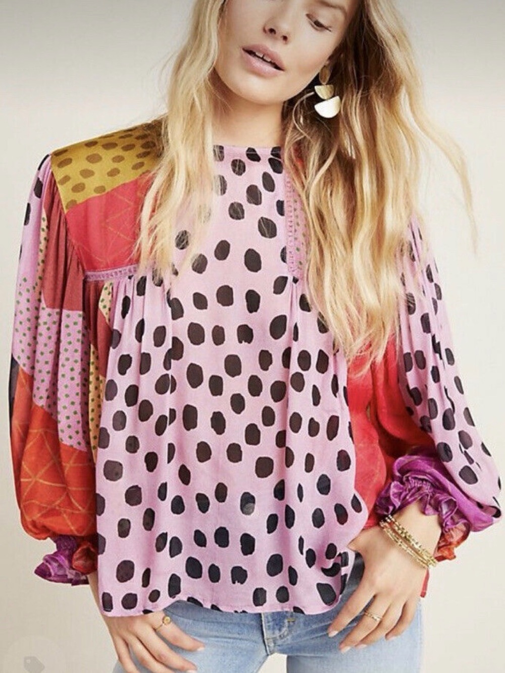 🦋 Blank LondonBoho Patchwork Polka Dot Long-Sleeve Top